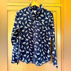J. by J. Crew Navy and Cream Leopard Pattern Cotton Button Down Shirt / LG